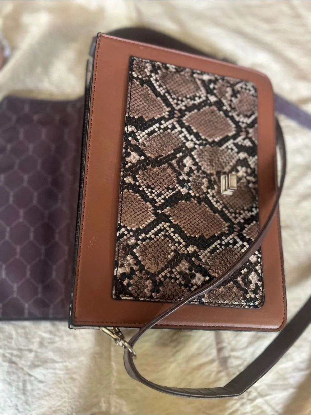 ALDO Brown & Tan Croc-Embossed Satchel with Snake-Print Accent